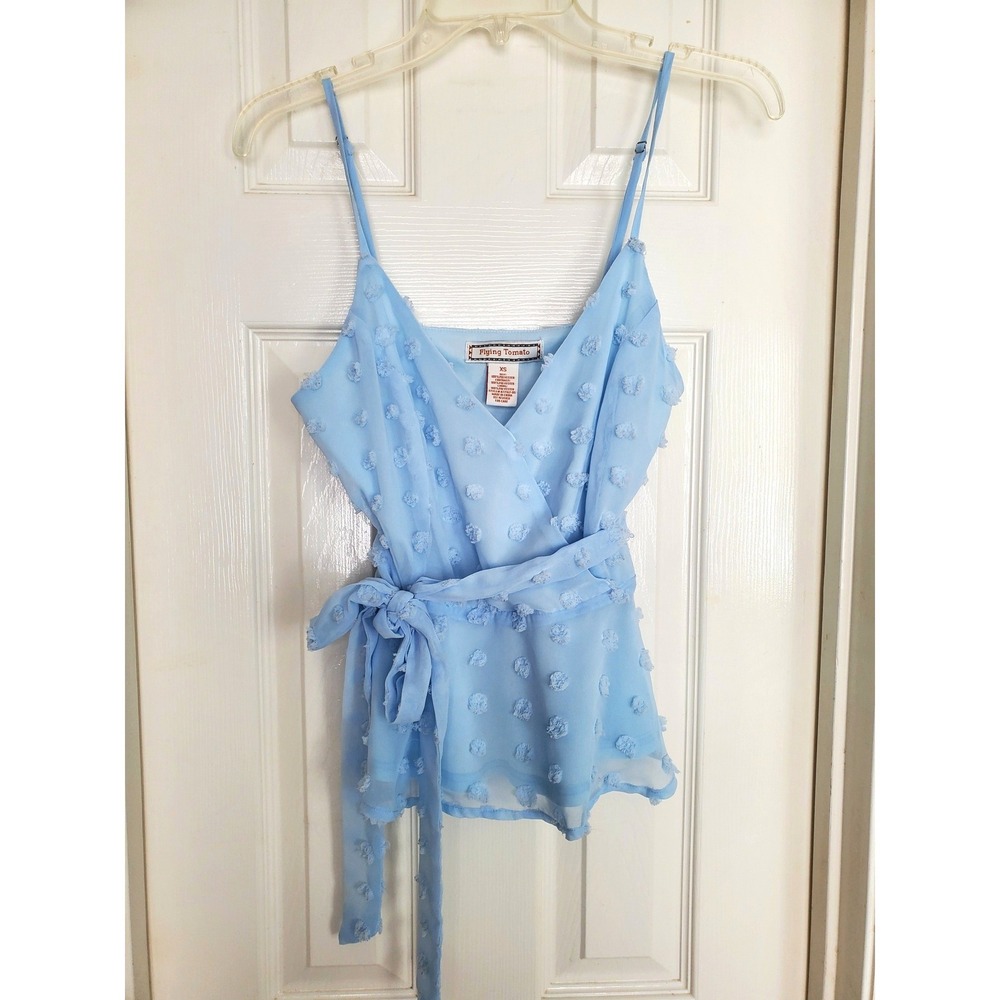 Flying Tomato Cami‎ Top Light Blue Swiss Dot Wrap Peplum Sleeveless XS
